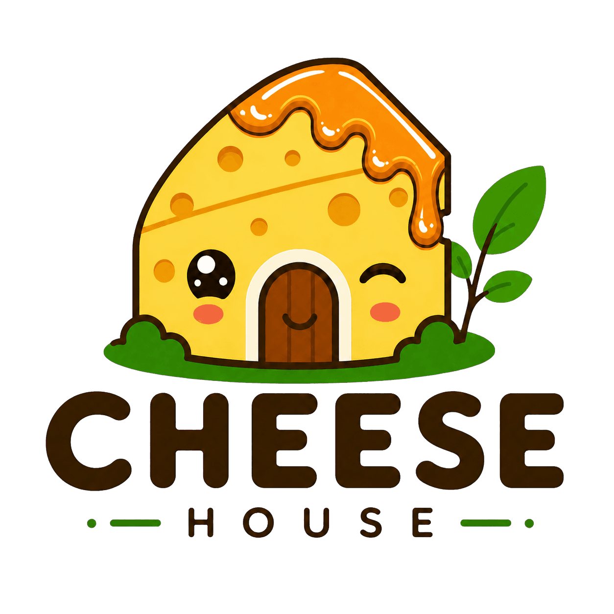 Logo Cheese House: ngôi nhà phô mai vui vẻ đang nháy mắt, có mật ong chảy bên phải